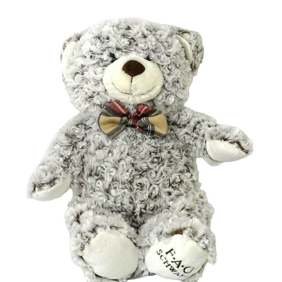 FAO Schwartz Bow Tie Plush Teddy Bear Stuffed Animal Curly Frosty Hair Brown 18" - Picture 1 of 8